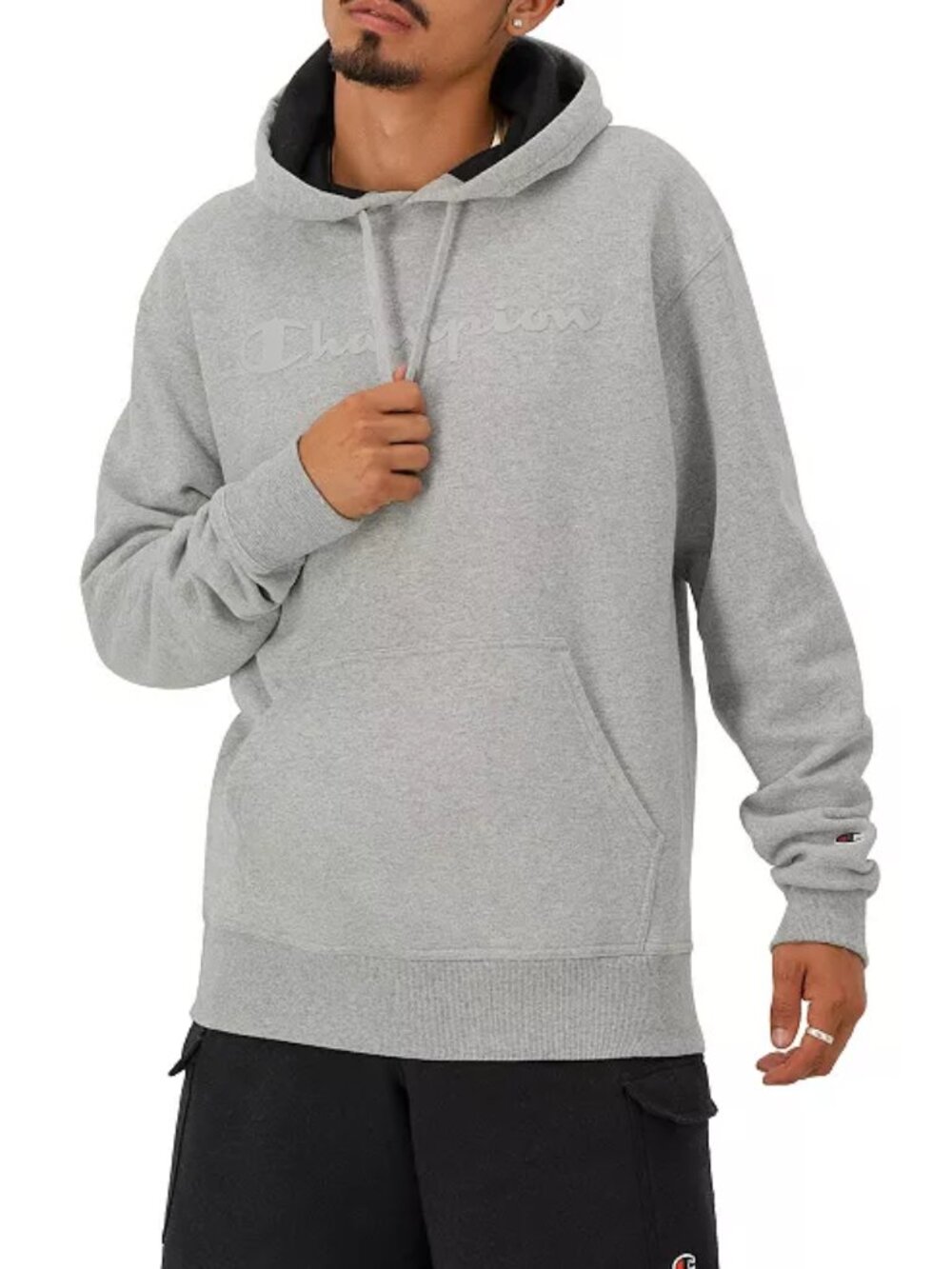 Men's Champion Embossed Powerblend Graphic Hoodie, Grey, L